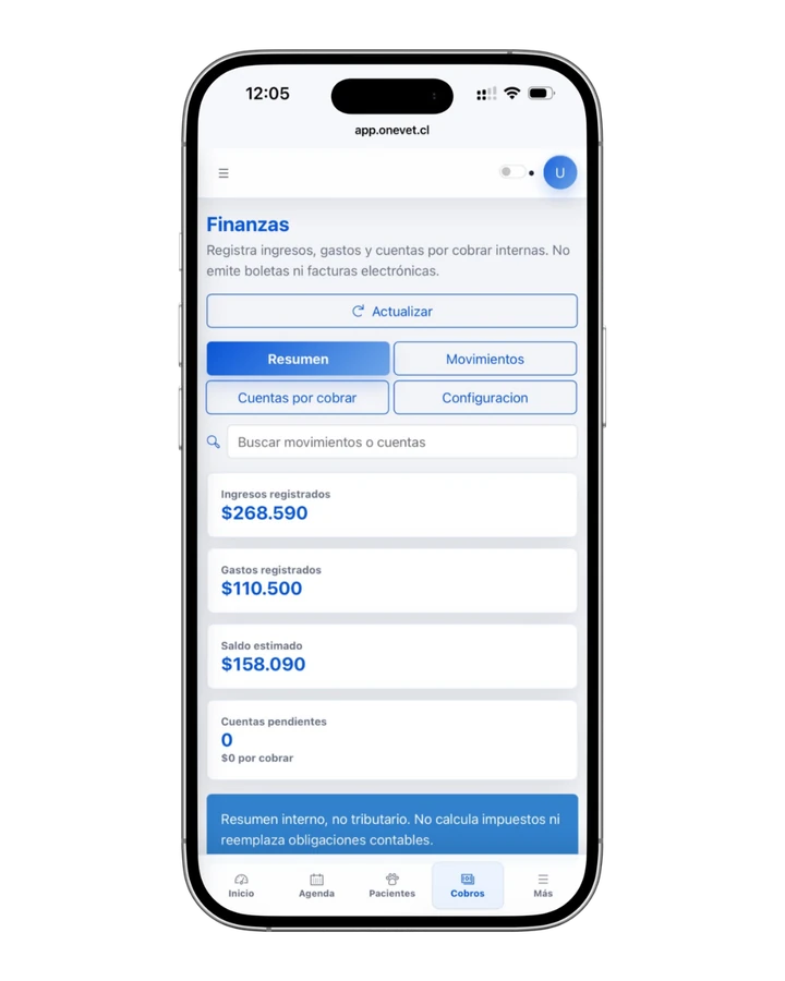 Resumen financiero interno de OneVet con ingresos, gastos y saldo