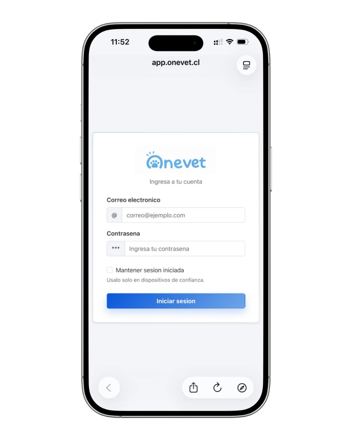 Pantalla de inicio de sesi&oacute;n de OneVet